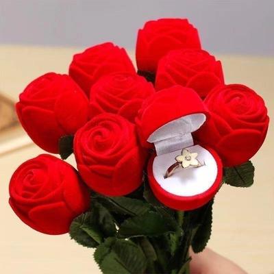 Red Rose Flocked Jewelry Box Creative Proposal Ring Storage Box Romantic Engagement Ring Case Gift Box For Valentine'S Day