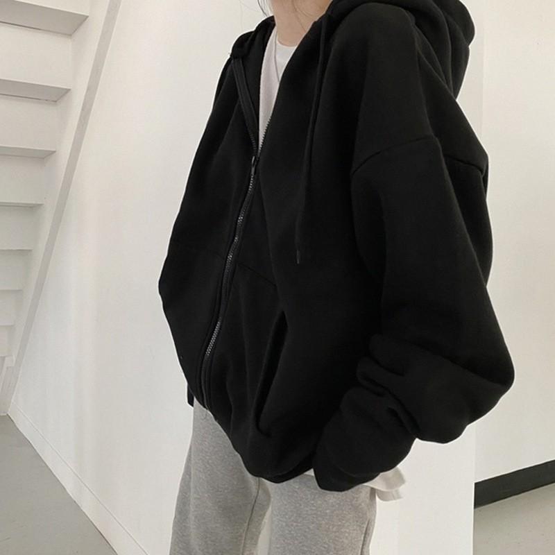 Womens Solid Color Zip-Up Hooded Sweatshirt Loose Fit Thick Fleece Lined Winter Casual Outerwear