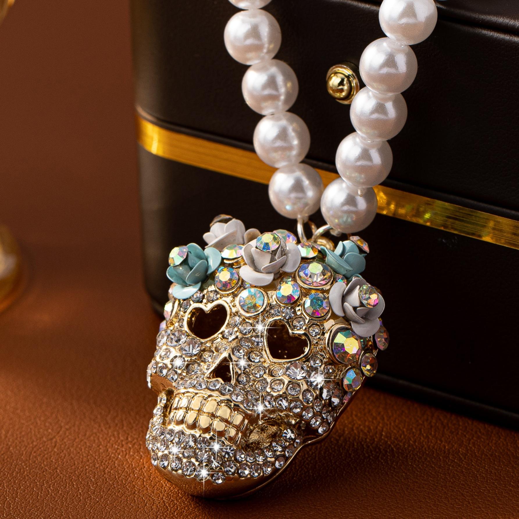 Halloween Skull Rhinestone Pearl Beaded Necklace Couple Matching Trendy Delicate Premium Unisex Neck Jewelry Gift