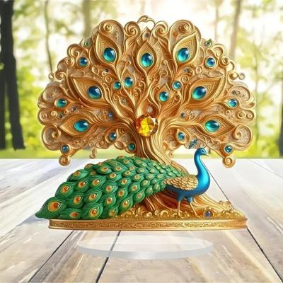 Statue Paon Doré Rétro Plat 2D Décoration de Bureau en Acrylique, Plaque Décoration de Maison Art Mural Suspendu Décoration de Jardin Décorative pour Porte de Chambre Ha