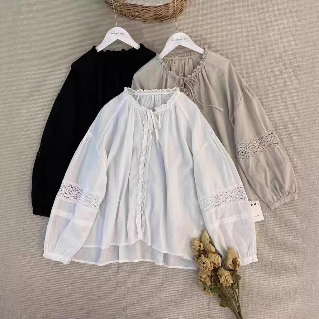 Forest Girl Lace Collar Puff Sleeve Cotton-Linen Cardigan