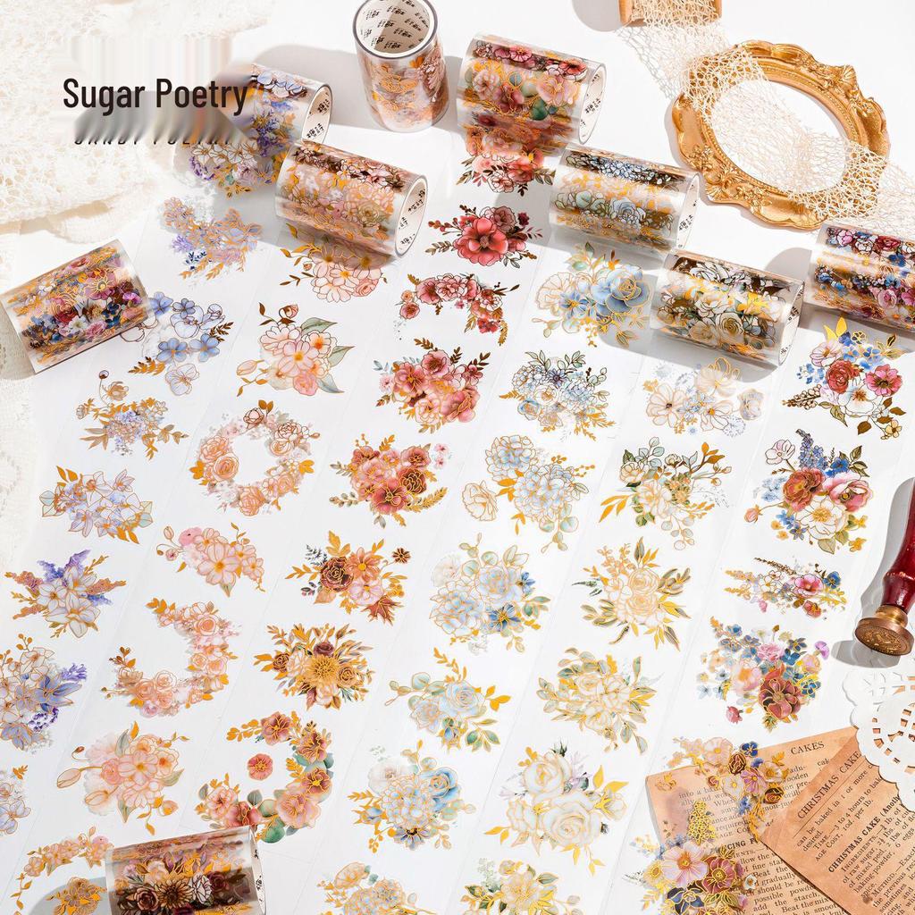 Sugar Poetry Floral Theme PET Adhesive Tape - Hot Stamping Die-cut, Flower Cluster Poetry Series, 6 Styles.