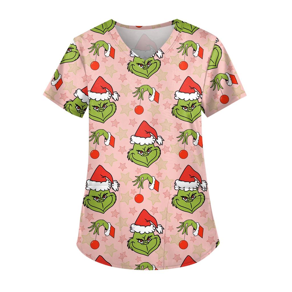 Women's Cute Printed Work Clothes V-neck Double Layer Pockets Basic Short Sleeve Top Pullover Christmas
