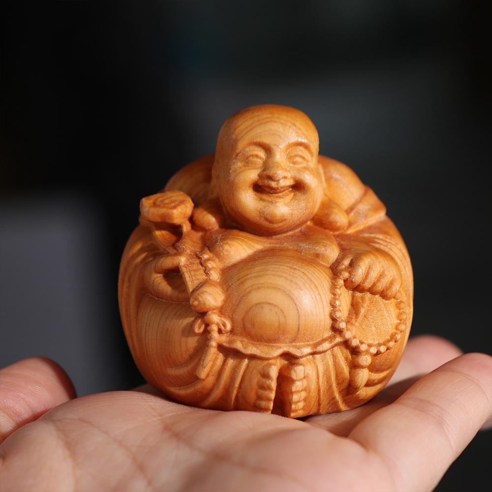 Woodcarving Laughing Buddha Maitreya Sculpture Mini Wooden Buddha Statue Craft Miniature Handmade Statue Children