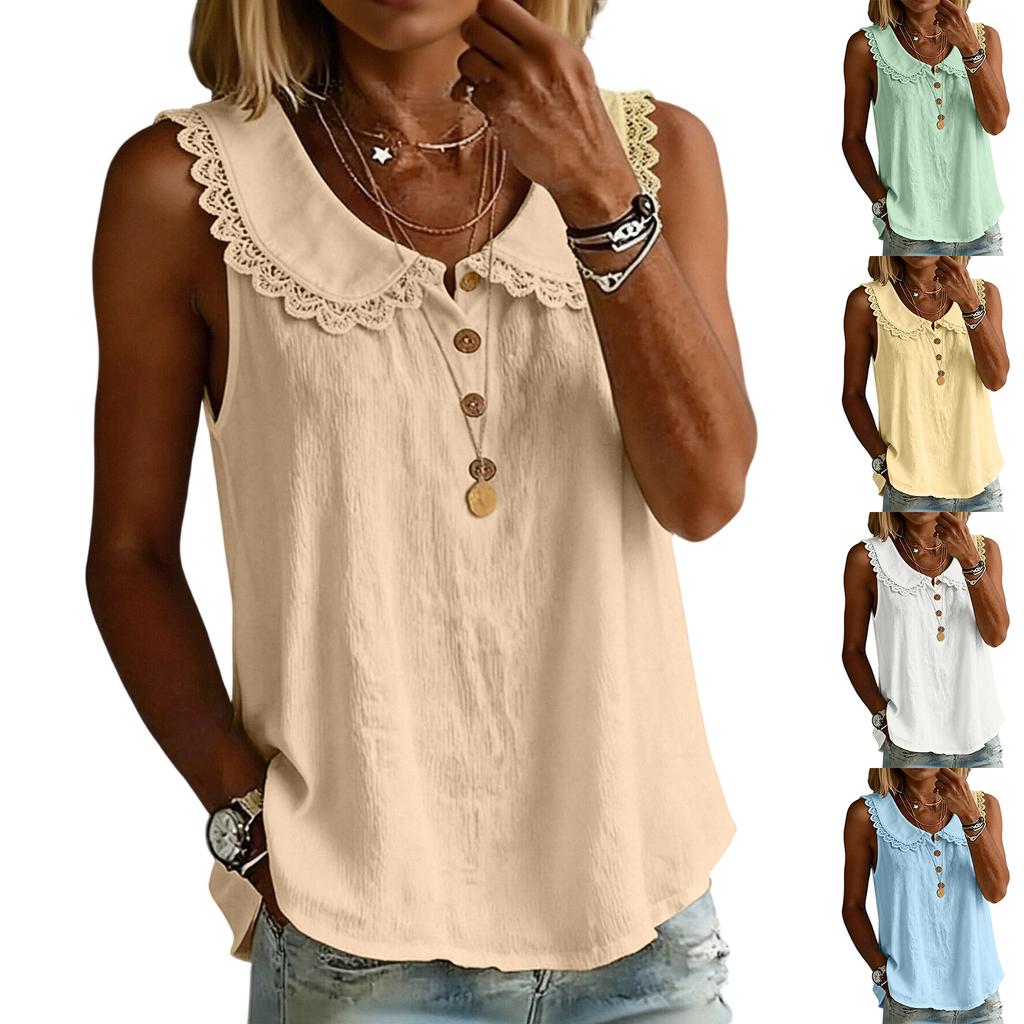 Women's Loose-fitting Color Fashionable Design Collared Lace Button Sleeveless Top