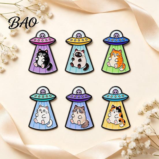 Cat Clothing Brooch Enamel UFO Metal Brooch, Aliens Ship Kitten Badge Pin, Bag Scarves Hat Accessories for Men Women Shaped