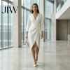 Deep V-Neck Dress Summer Women Dress, Ruffle Slim Waist Midi Long Casual Dresses Sleeves Solid Color Wrap for Daily Wear Party
