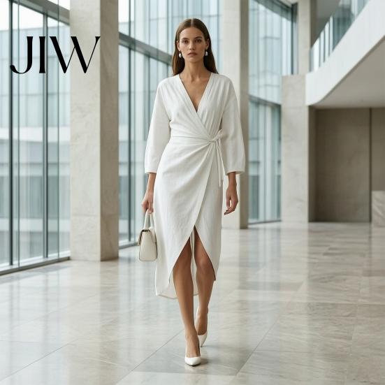 Deep V-Neck Dress Summer Women Dress, Ruffle Slim Waist Midi Long Casual Dresses Sleeves Solid Color Wrap for Daily Wear Party