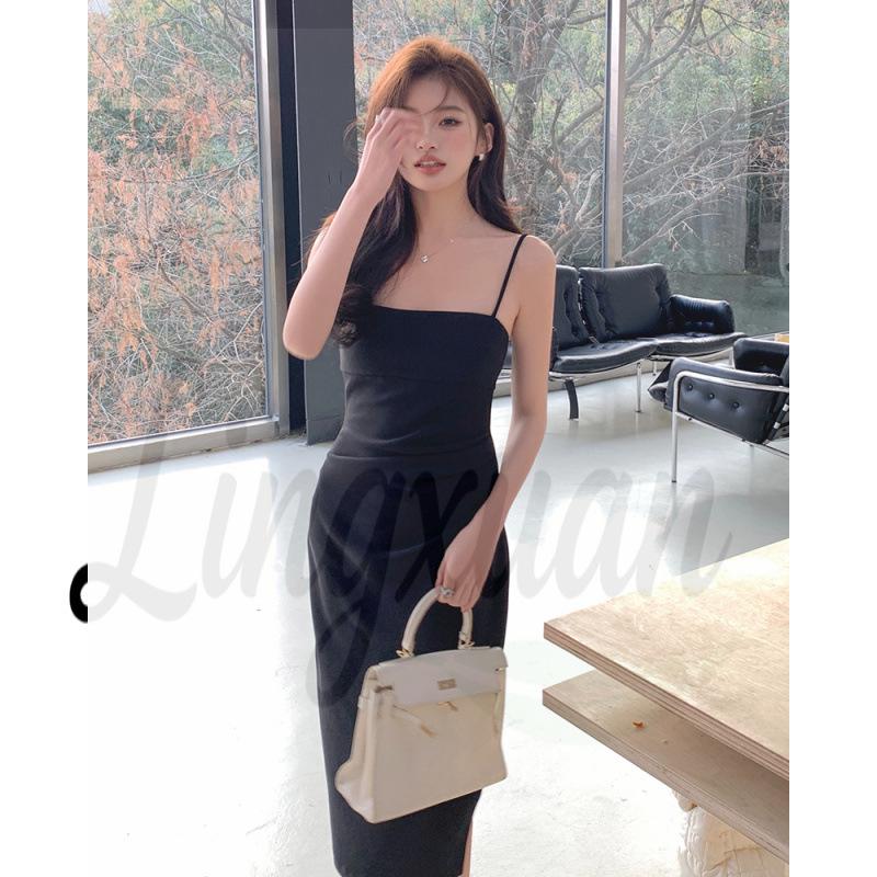 Elegant French-Style Spaghetti Strap Dress with Slit & Pleats - Spring/Summer 2026 Collection Medium