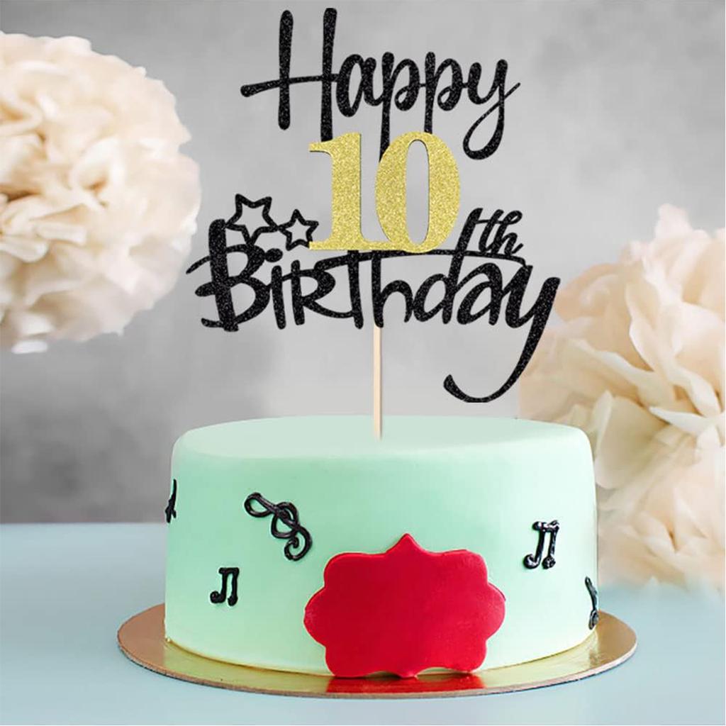 2Pcs Black Gold Happy 10 Birthday Cake Topper Hello 10 Cheers 10 10 Years 10 Loves & Wishes Party Decorations for Birthday Party