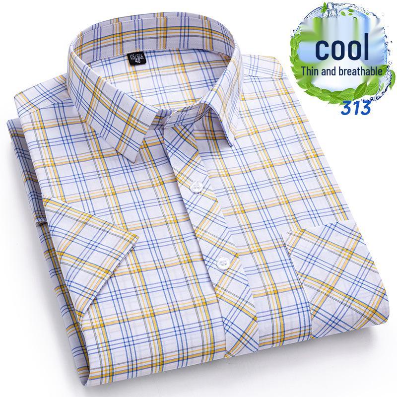 Men's Summer Plaid Cotton Short Sleeve Shirt - Breathable & Sweat-Absorbing