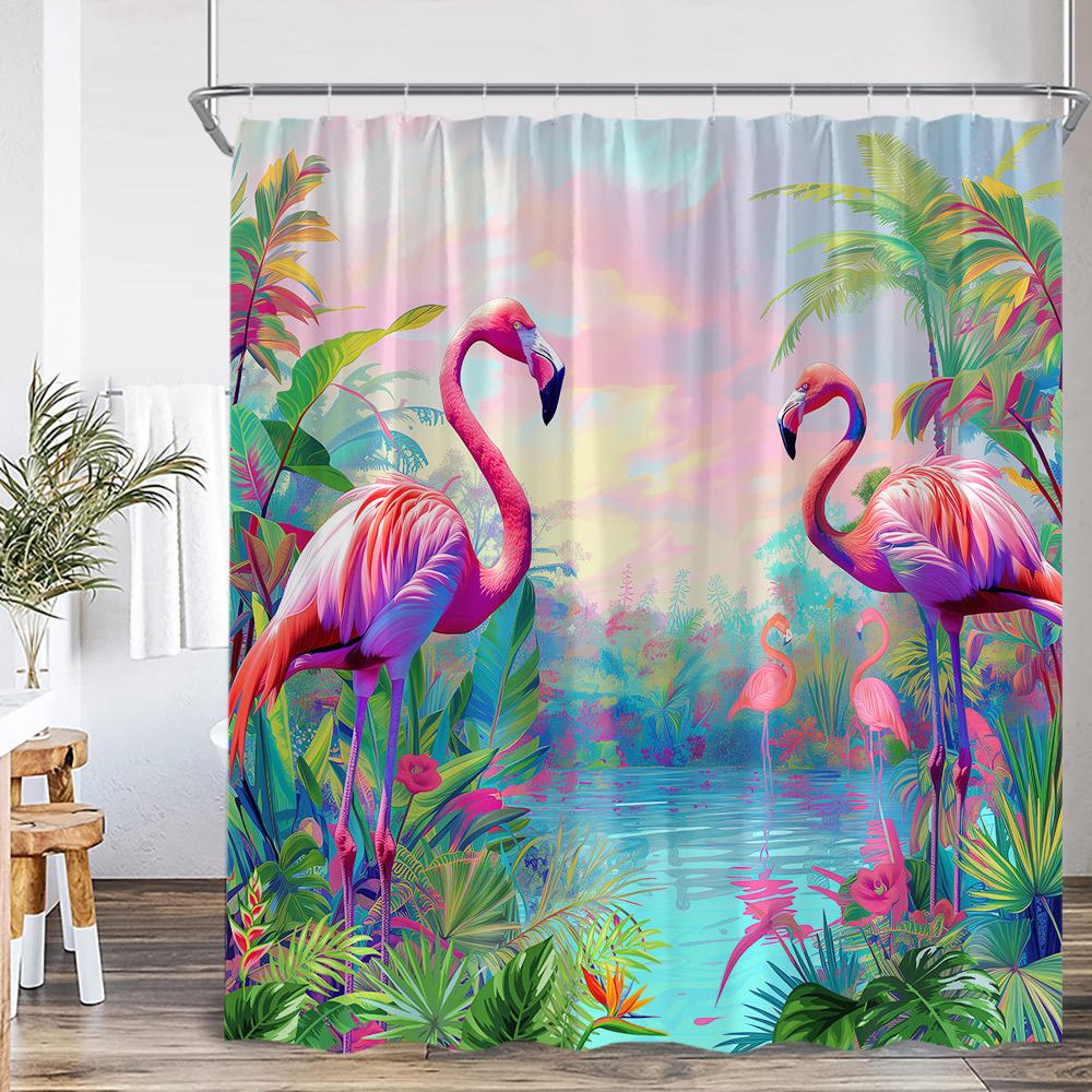 Monika Chen Pink Flamingo Shower Curtain Set Bird Tropical Leaf Rainforest Jungle Bathroom Decor Spring Summer Bath Mat Toilet Lid Cover