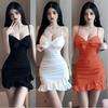 Spring Sexy Spice Girl Pure Desire Suspender Low Chest Neck Bow Decorative Irregularly Folded Ruffle Edge Dress