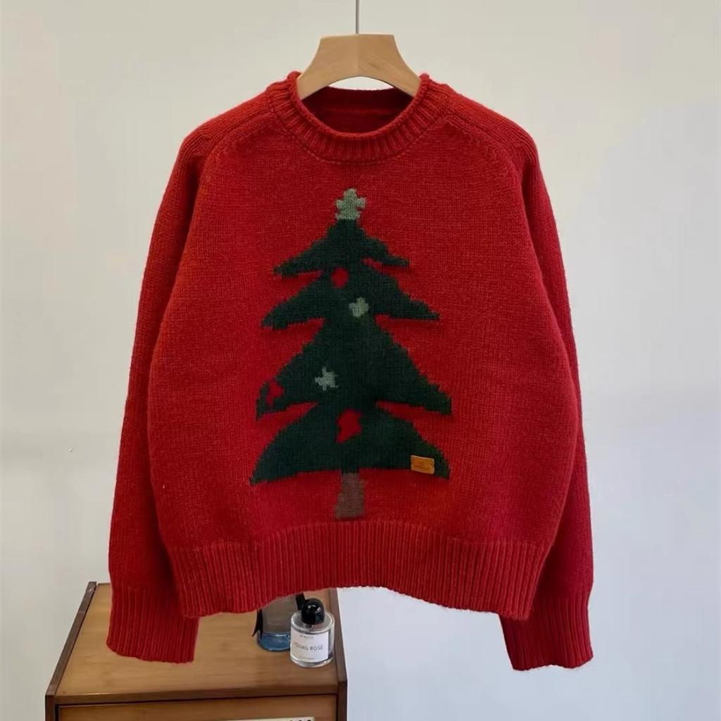 Autumn and Winter Sweet Atmosphere Knitted Sweater Fashion Retro Christmas Tree Jacquard Crew Neck Pullover Women Lazy