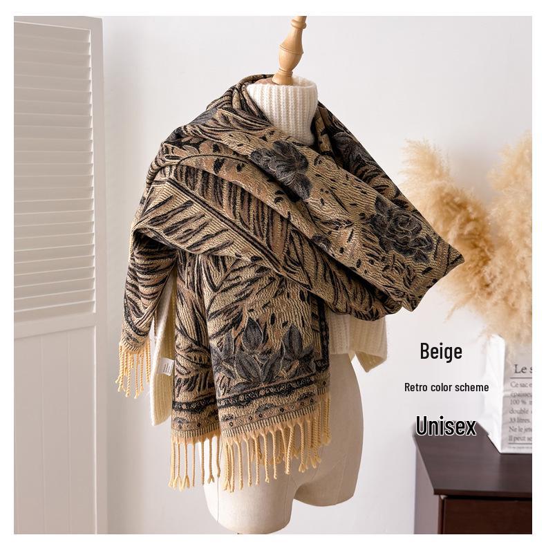 Women's Ethnic Style Double-Sided Jacquard Scarf, 2025 Autumn/Winter Collection: Thick, Warm, Soft Imitation Cashmere Long Snood Shawl.