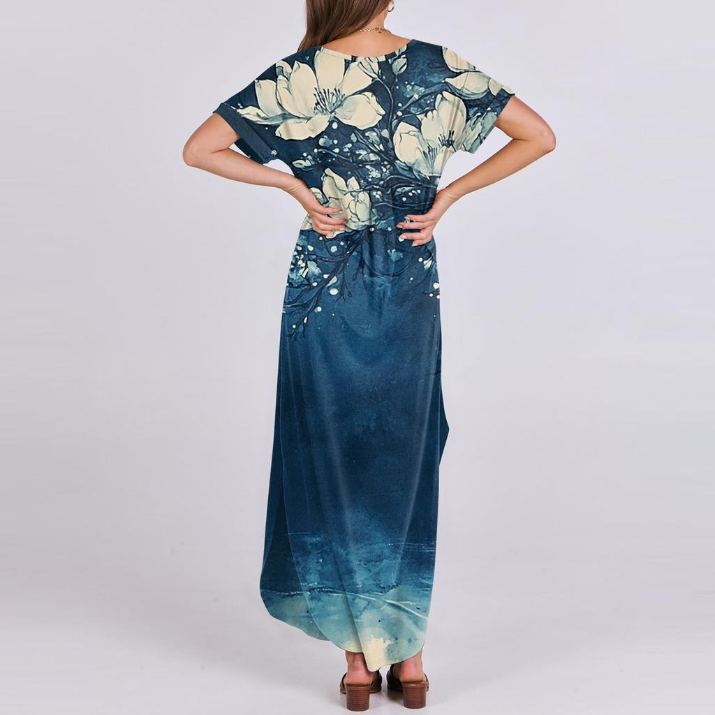 Dámské letní šaty s květinovým potiskem pro volný čas, plážové maxi šaty s krátkým rukávem