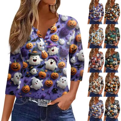 Women's T Shirt Tee Halloween Printed Button 3/4 Sleeve Tunic Daily Weekend Fashion Basic V- Neck Regular Top