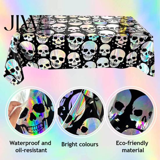 Holiday Wall Decor Halloween Skull Foil Fringe Curtain, Iridescent Disposable Tablecloth, Theme Decoration Table Cover Tinsel Backdrop for Party