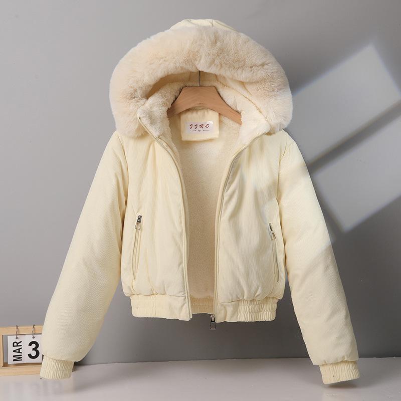 Women's Fleece-lined Cotton-padded Coat with Big Fur Collar Short Thickened Hooded Jacket