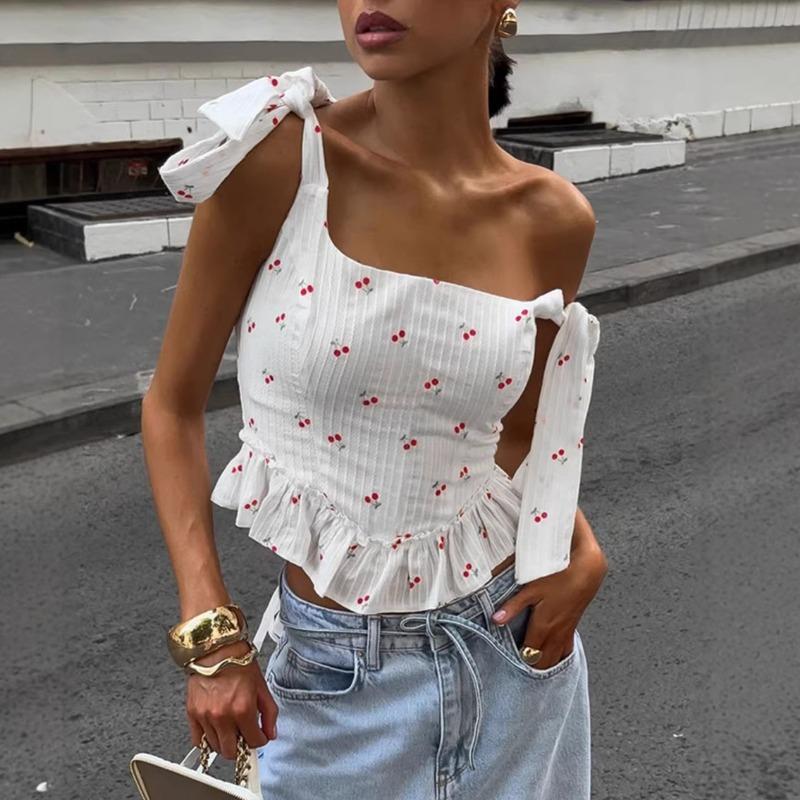 Women Square Neck Cherry Print Ribbed Tie Strap Ruffle Cropped Cami Top S белый