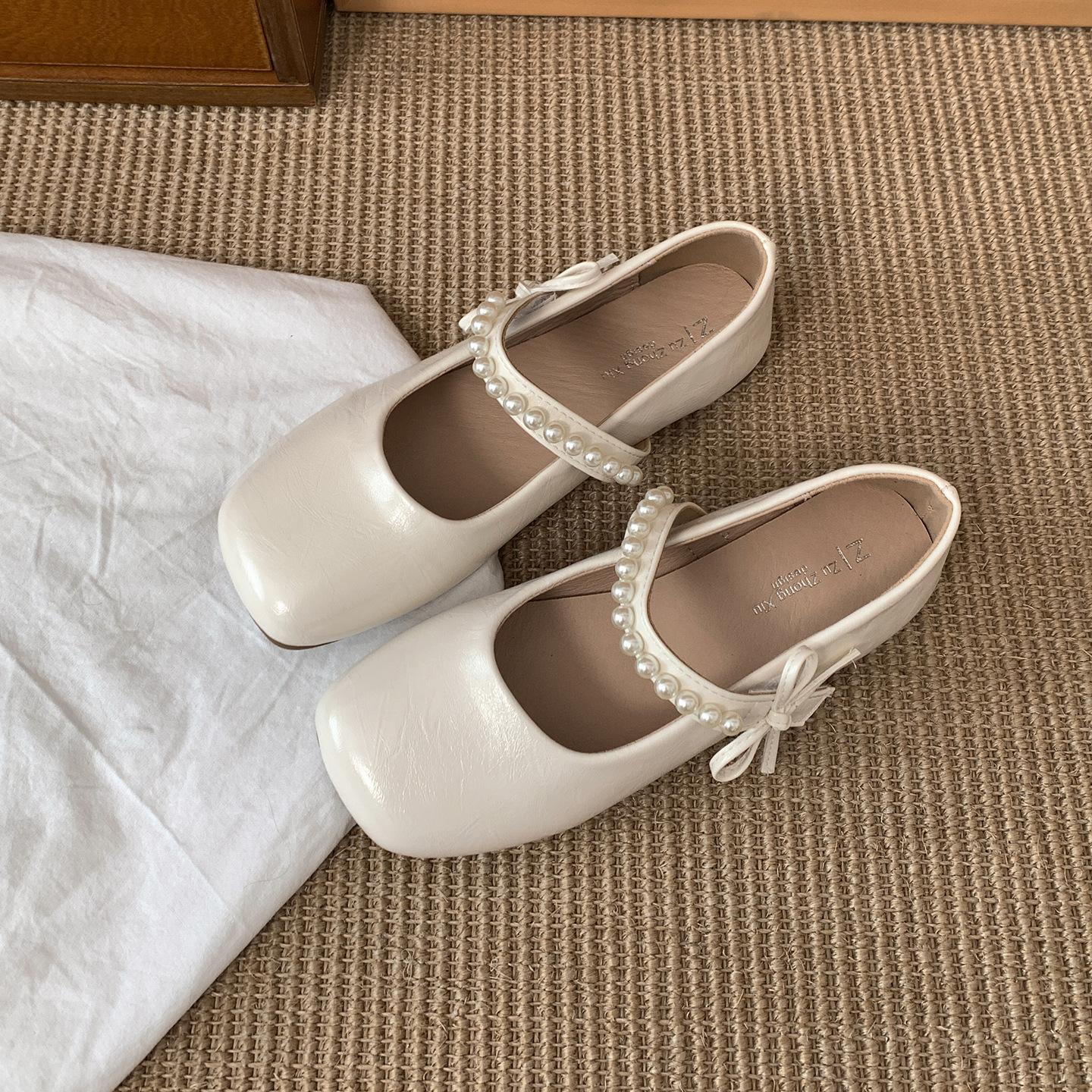 

Туфли Мэри Джейн Queen Fan белые ретро французские с открытым мыском на плоской подошве женские летние 2025 новые с внутренней платформой 40 бежевый