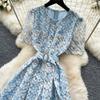 Elegant Beaded Short Sleeve Flower Lace Dress Women's Formal Evening Embroidery Crochet Hollow Out Long Party Dress