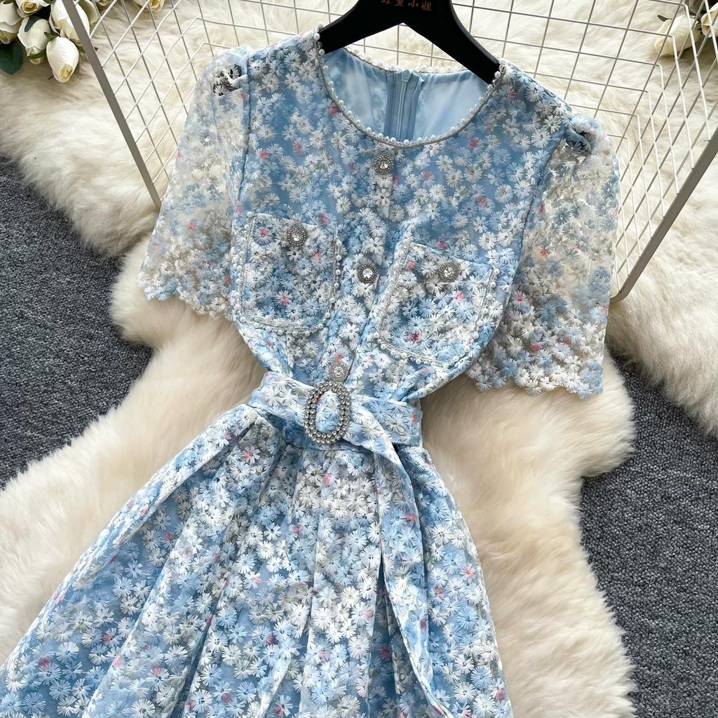 Elegant Beaded Short Sleeve Flower Lace Dress Women's Formal Evening Embroidery Crochet Hollow Out Long Party Dress
