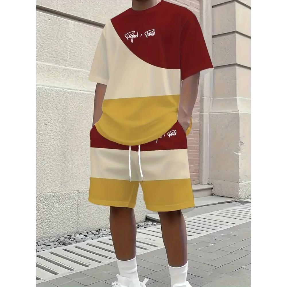 Summer Men's Short Sleeved Shorts 2-piece Set with Plus Size Stitching Color T-shirt Shorts, Clothing Pocket Elastic Waist Shorts