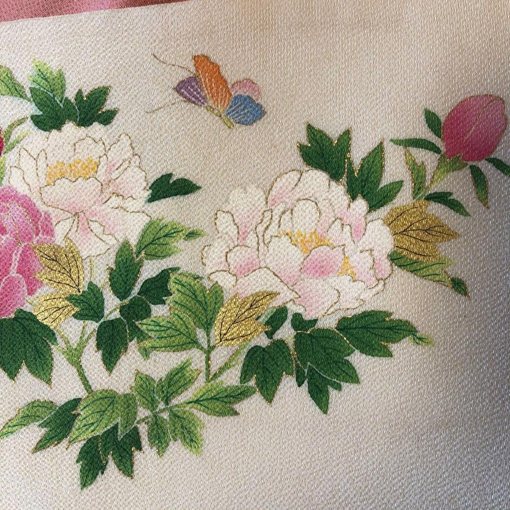 Used Peonies and butterflies Crepe fabric Nagoya obi