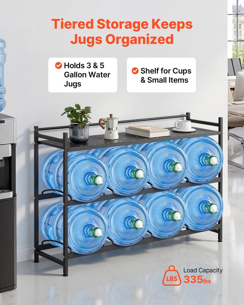 VEVOR Water Jug Holder, 3 Tiers 4 Rows 11 L and 19 L Water Bottle Holder for 8 Bottles, Heavy Duty Jug Rack Organizer with Storage Shelf