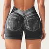 Nahtlose Yoga-Shorts für Damen in Jeans-Optik, hoher V-Bund hinten, Po-Lifting, eng anliegend, für Laufen, Fitness, Dreipunkt-Hose