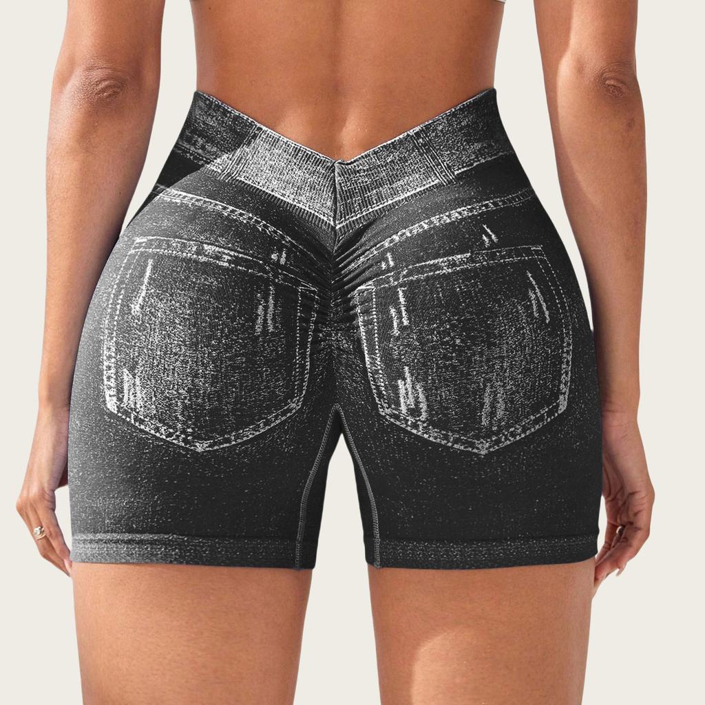 Nahtlose Yoga-Shorts für Damen in Jeans-Optik, hoher V-Bund hinten, Po-Lifting, eng anliegend, für Laufen, Fitness, Dreipunkt-Hose