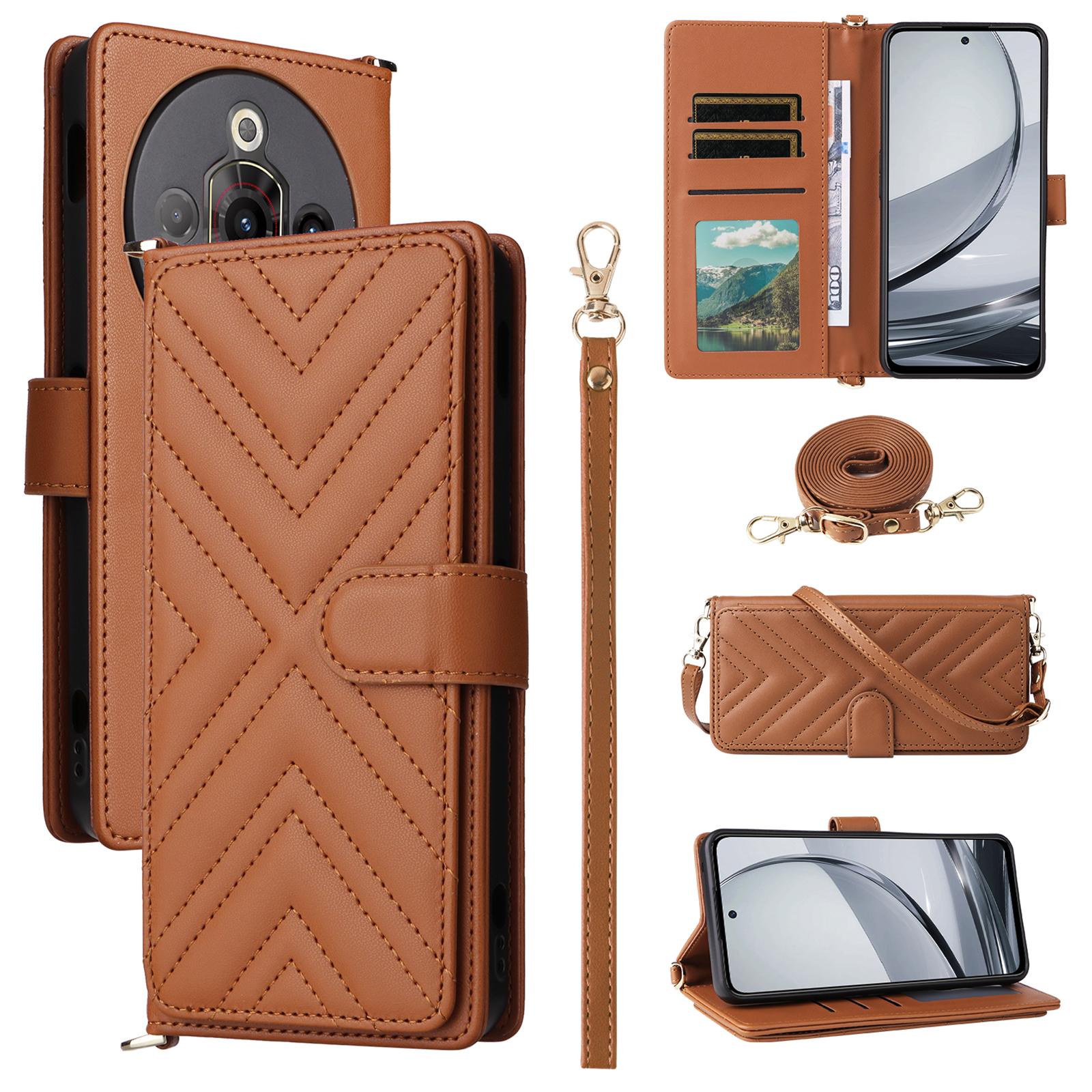 

For ZTE nubia Focus Pro Wallet Case with Shoulder/Wrist Strap Leather Phone Cover Stand Brown