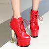 Mode Luxus Stiefeletten Frauen Plattform Sexy High Heels Kurze Stiefel Silber Rot Lace Up Fetisch Party Tanzschuhe Damen Große Größe 45
