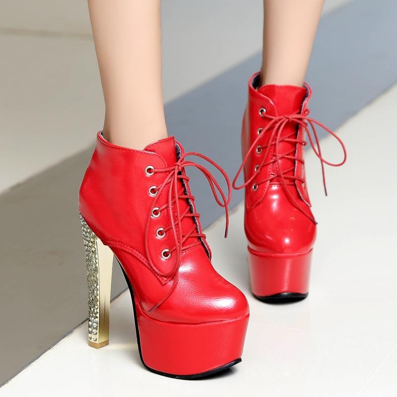 Mode Luxus Stiefeletten Frauen Plattform Sexy High Heels Kurze Stiefel Silber Rot Lace Up Fetisch Party Tanzschuhe Damen Große Größe 45