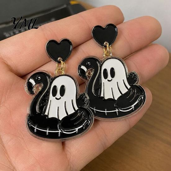 Flamingo Swimming Ring Jewelry 1 Pair Summer Halloween Ghost Earrings for Women, Cute Cartoon Dangle Pool Float Drop Earrings, 2D Acrylic Holiday