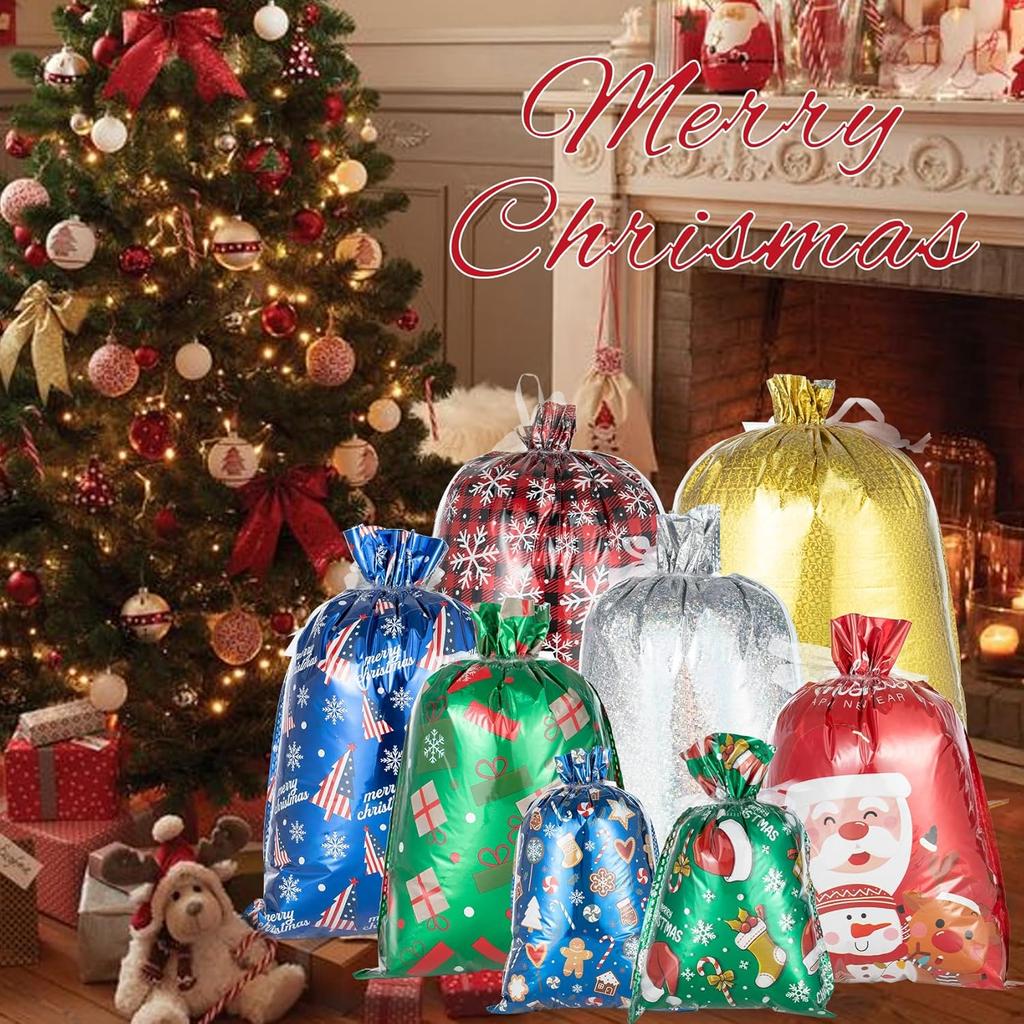 Senteria Christmas Gift Bags-42Pcs Drawstring Gift Bags Xmas Christmas Bags with Drawstring for Wrapping Christmas Gifts Presents with Ribbon Ties