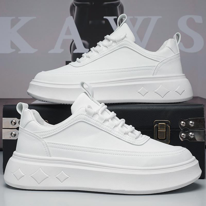 Модные мужские повседневные туфли на платформе с толстой подошвой из кожи белого цвета — фото 6