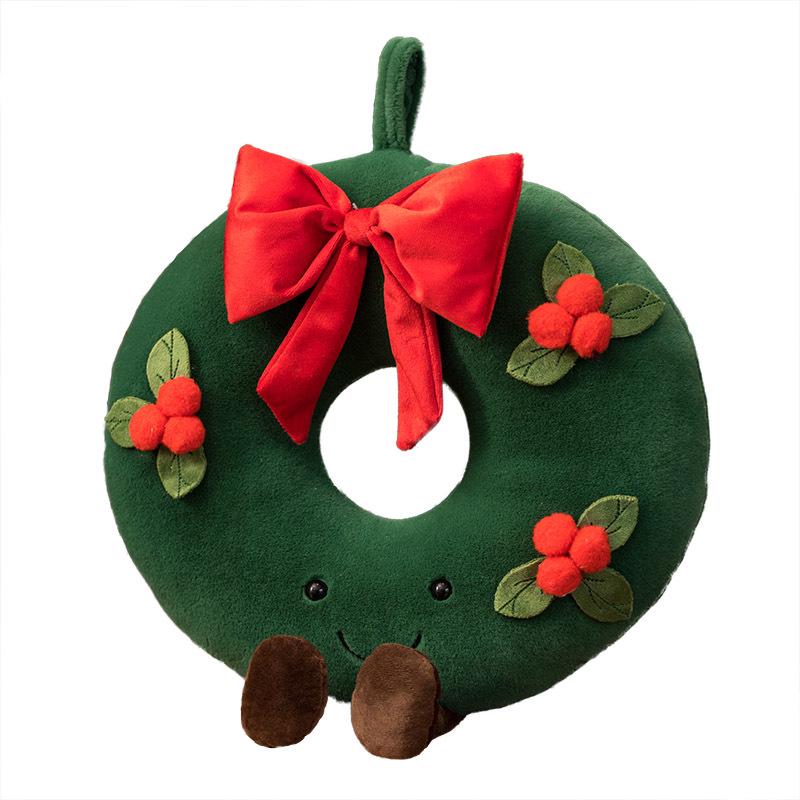Christmas Holiday Decoration: Tree Plush, Apple Peace Wreath, and Gingerbread Man Throw Pillow.