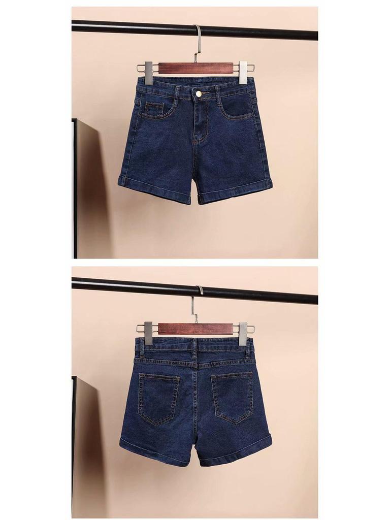 Women's High Waist Black Denim Shorts - 2025 Korean Style, Elastic, Slimming, Rolled Hem, Trendy Summer Hot Pants