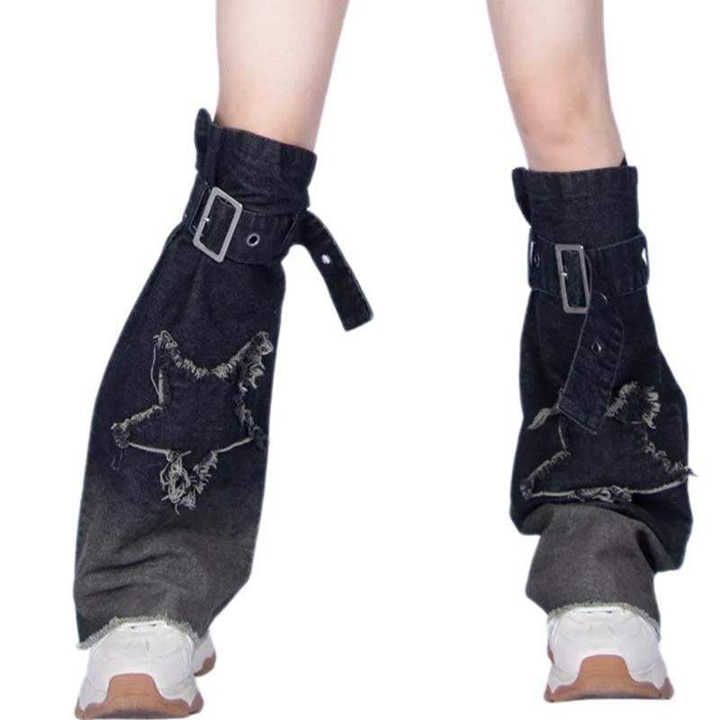 Japanese Women Buckled Strap Distressed Crosses Star Jeans Leg Warmers Harajuku Punk Flared Leg Cover Baggy Long Socks