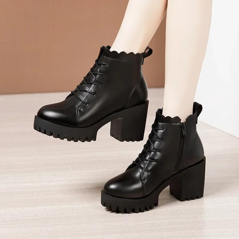 8cm Small Size 32-43 New Soft Leather Boots Platform Shoes Fall Winter 2025 Block High Heels Short Fur Ankle Boots Office Mom