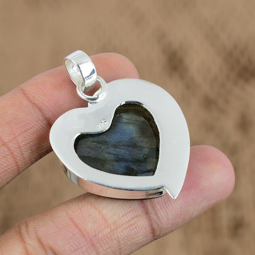 Gift For Women Pendant Heart 925 Sterling Silver Natural Labradorite Gemstone