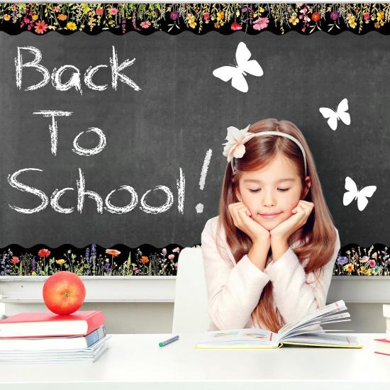 60 Pcs Floral Bulletin Board Borders Black Wild Flower Scalloped Self-Adhesive Border Trim Sticker Decals for Home Classroom Spring Party Wall