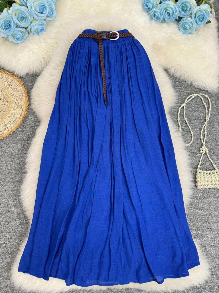 European & American A-line Pleated Cotton Linen Skirt with Elastic Waist - Mid-Length, Versatile, Women's