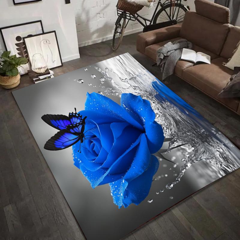 

Blue Rose Rug Butterfly Floral Entryway Doormat NonSlip Easy Clean Elegant Decor Carpet for Living Room Bedroom Pet Friendly 40X60cm