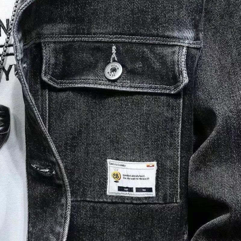 Tide Men's Denim Jacket - European & American Slim Fit, Turn-Down Collar, Black Spring/Autumn Casual Style