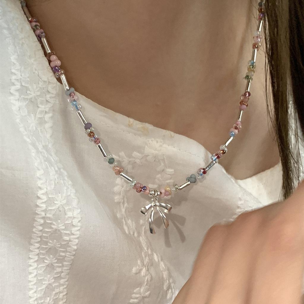 Sweet Colorful Crystal Bead Bow Necklace for Women Girls Bohemian Handmade Beads Chain Choker Necklace Fashion Jewelry Gifts