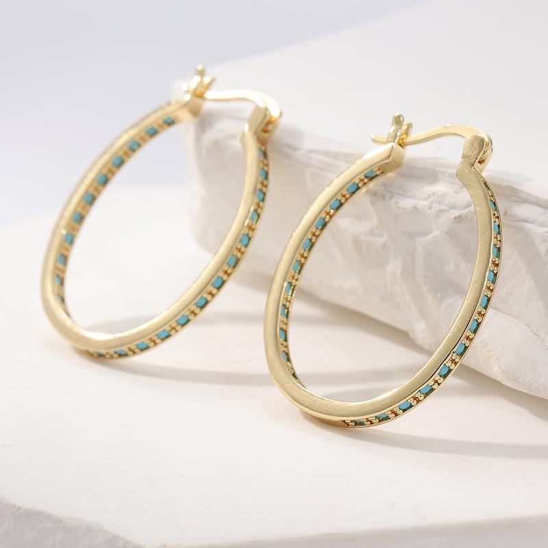 Trend Turquoise Golden Plated Large Round Hoop Earrings for Women Vintage Party Holiday Jewelry Accessories Perfect Gift