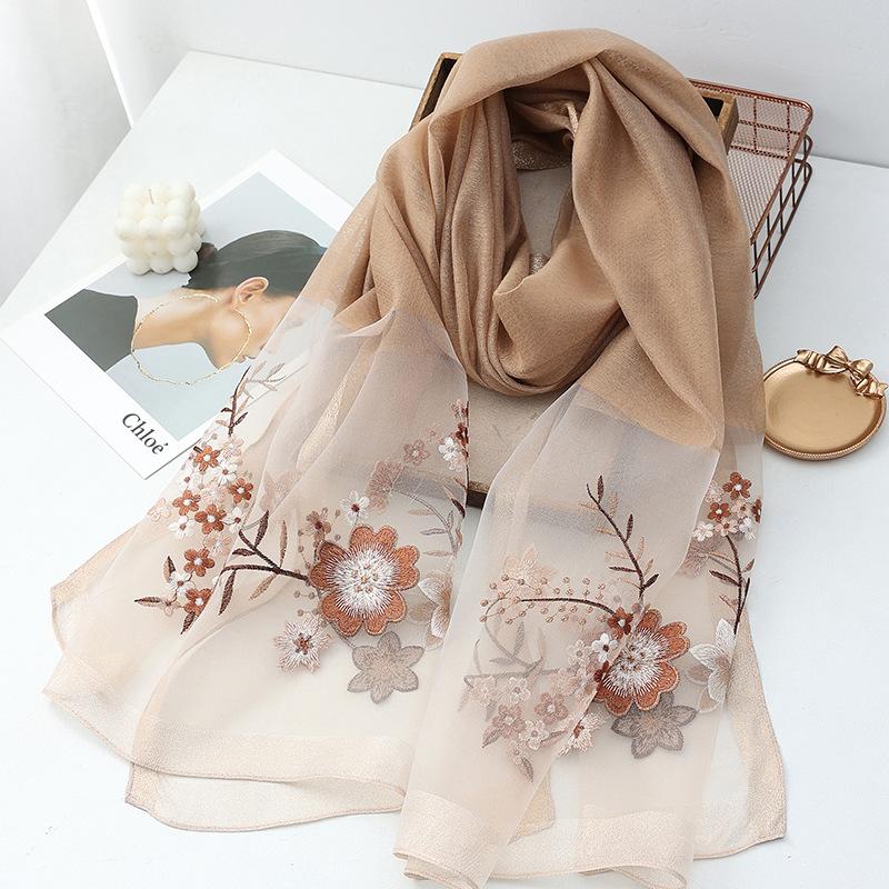 Four Season silk wool scarf women hijab pashmina shawls wrap Bandana Blanket Floral Pashmina Embroidery Scarves Foulard Fashion